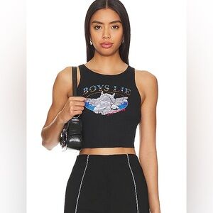 Boys Lie, size XL, Black Graphic Crop racerback Top, with cherub graphic